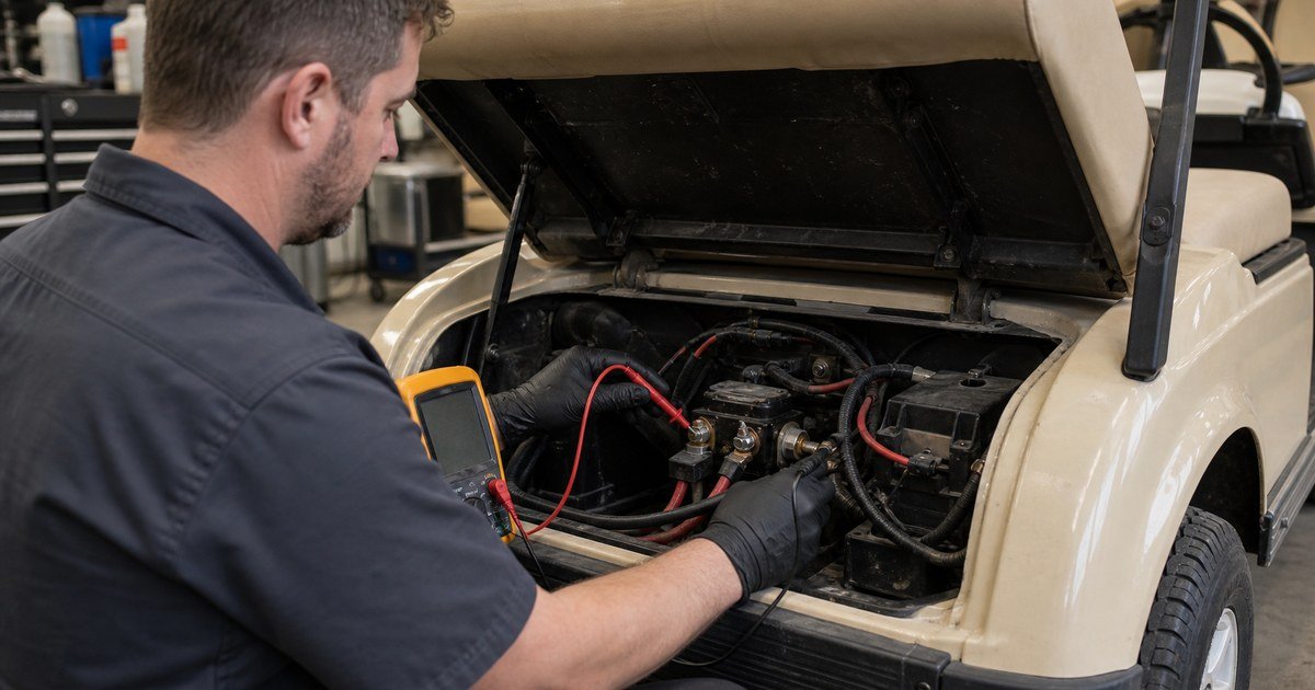 Técnico comprobando el solenoide y los cables de un buggy con un multímetro