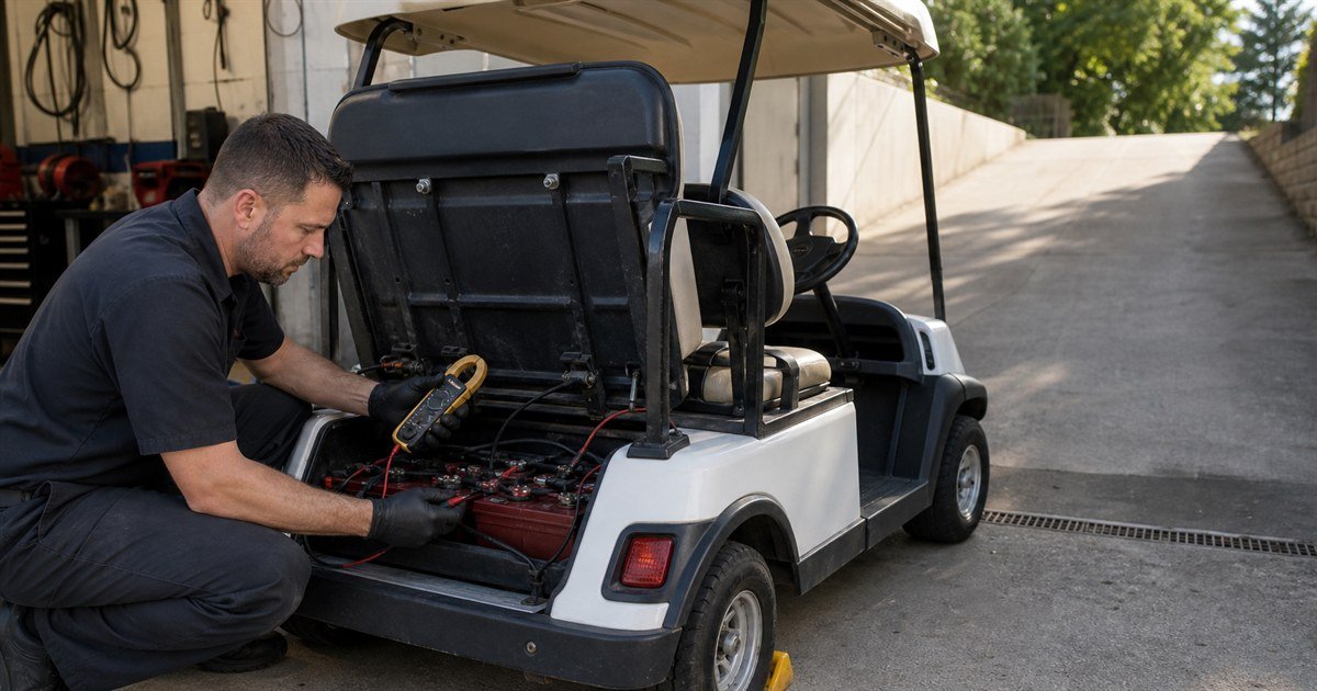 Técnico diagnosticando las baterías de un buggy eléctrico antes de una subida