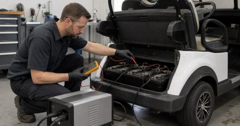 Técnico comprobando con multímetro el cargador y las baterías de un buggy eléctrico