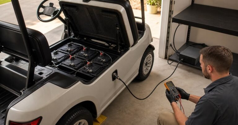 Pack de baterías de buggy conectado correctamente a un cargador en un garaje ventilado