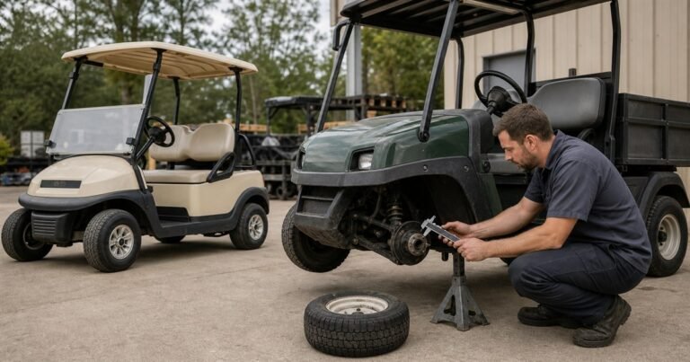 Técnico midiendo el buje delantero de un buggy utilitario junto a uno de pasajeros