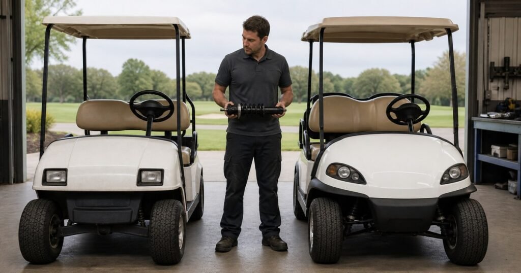 Dos generaciones de carrito de golf comparadas junto a un técnico de repuestos