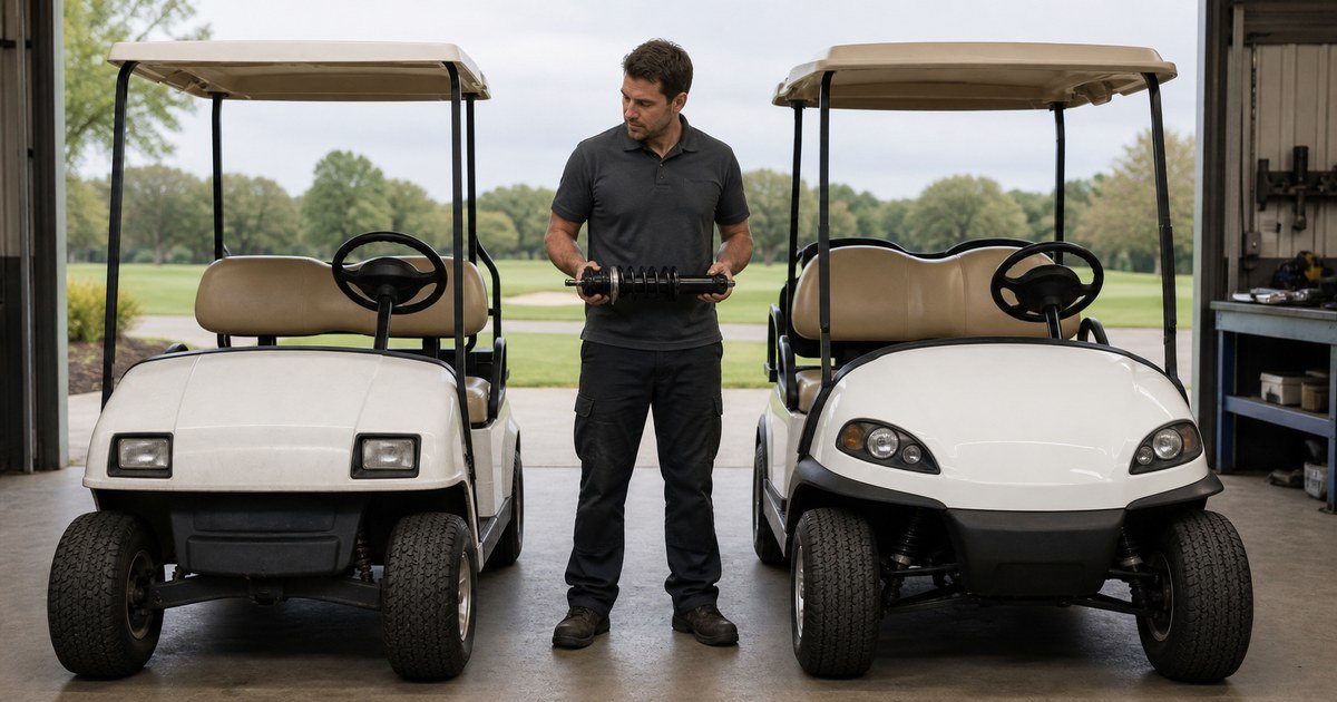 Dos generaciones de carrito de golf comparadas junto a un técnico de repuestos