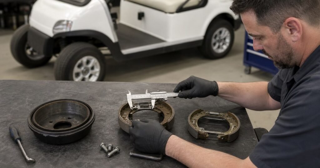 Técnico midiendo con un calibre una pieza de recambio para un buggy de golf