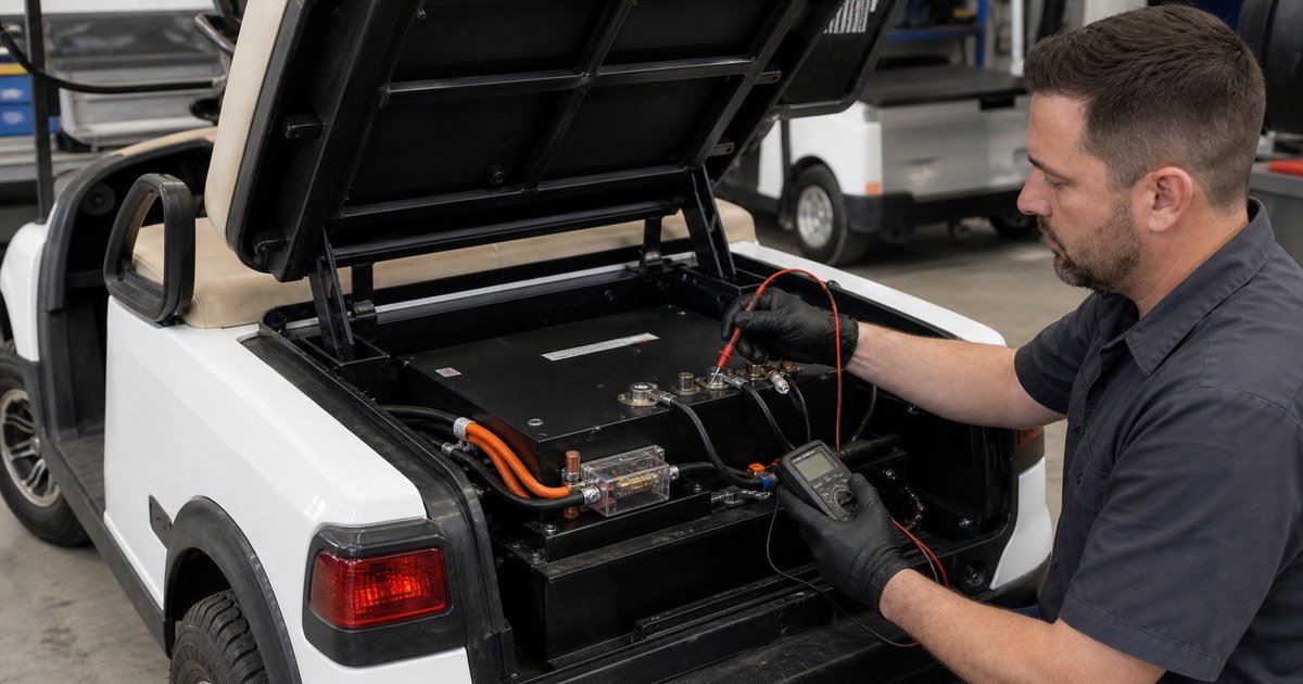 Técnico comprobando una batería de litio instalada bajo el asiento de un buggy