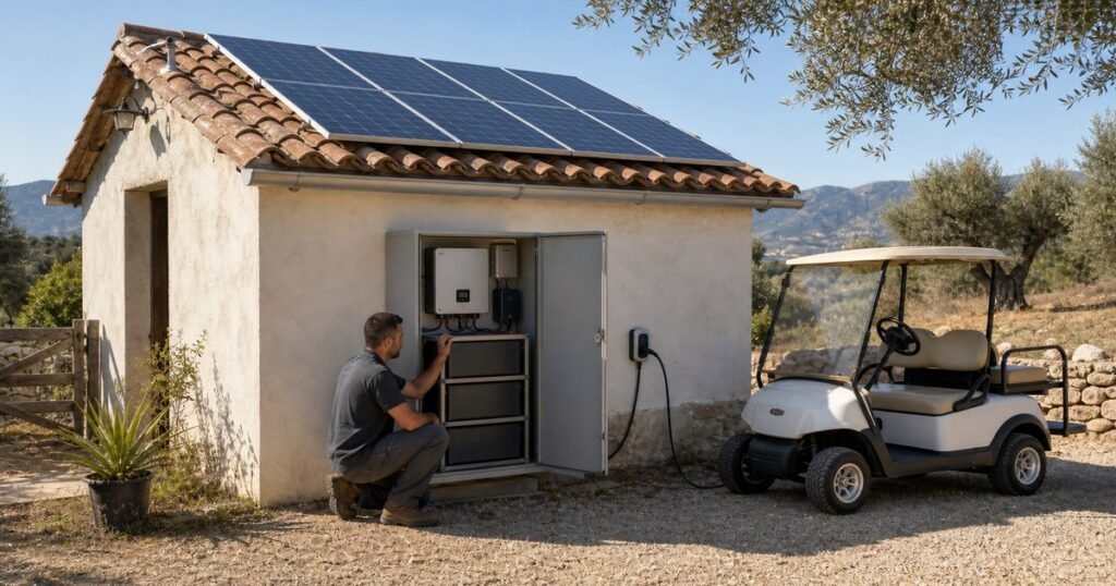 Técnico revisando una instalación solar aislada que alimenta el cargador de un buggy