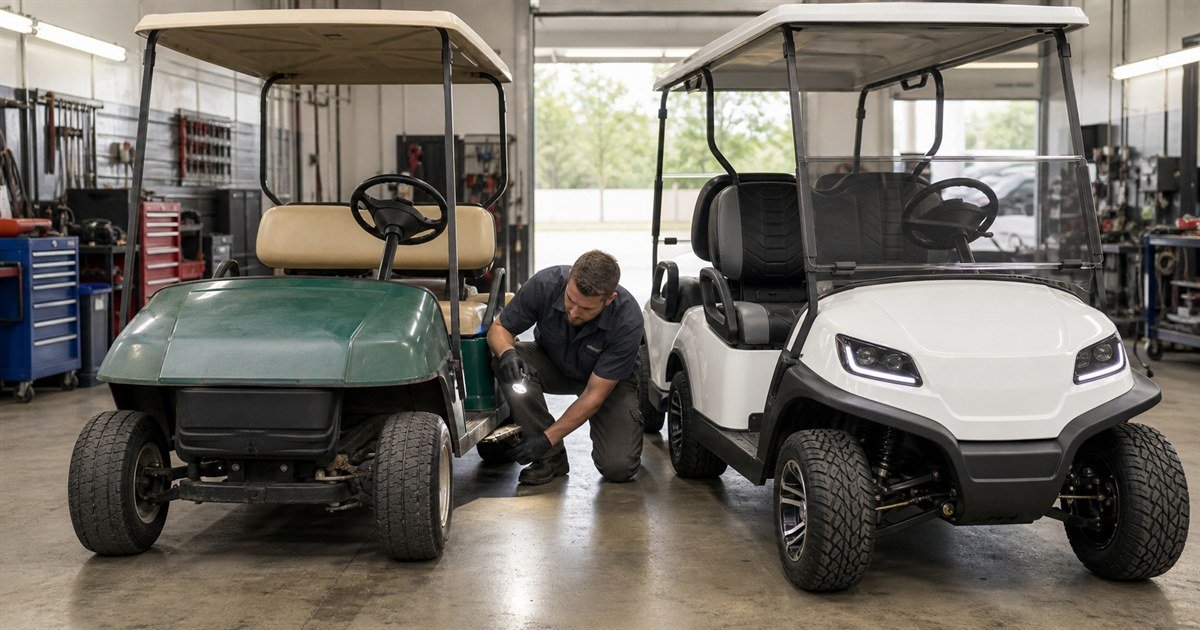 Dos generaciones de buggies eléctricos comparadas durante una inspección técnica en taller