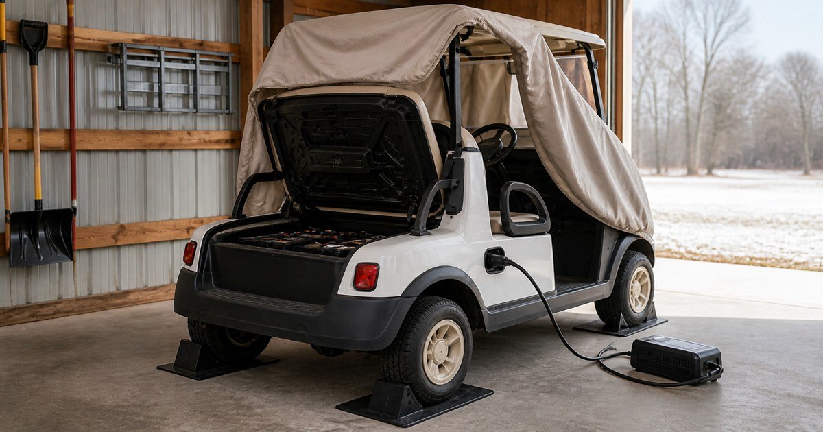Buggy eléctrico preparado para el invierno con batería mantenida, ruedas calzadas y cubierta