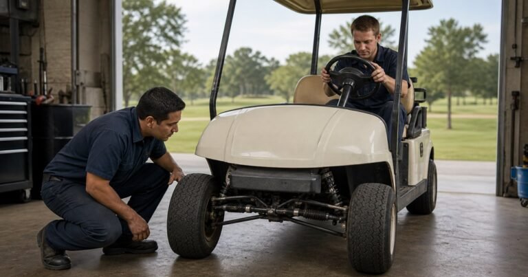 Dos técnicos localizando holgura en la dirección y las rótulas delanteras de un buggy
