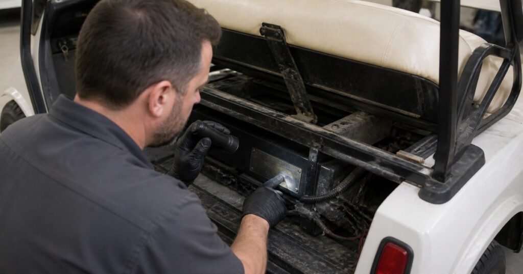 Técnico iluminando la placa de identificación bajo el asiento de un carrito de golf