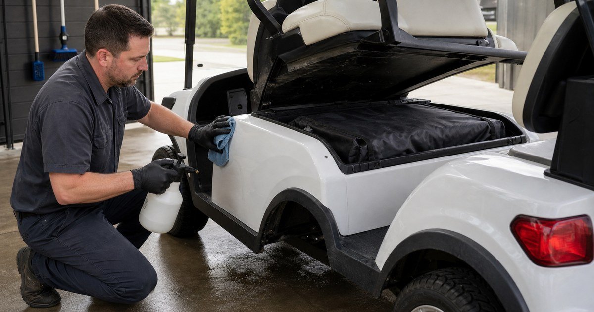 Técnico limpiando la carrocería de un buggy con el compartimento eléctrico protegido