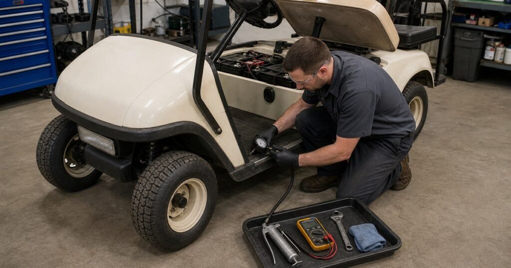 Mecánico comprobando la presión del neumático durante una revisión periódica de un buggy