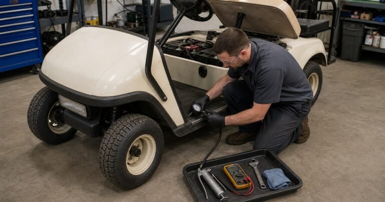 Mecánico comprobando la presión del neumático durante una revisión periódica de un buggy