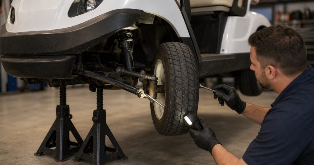 Técnico comprobando rótulas y casquillos del tren delantero de un buggy elevado