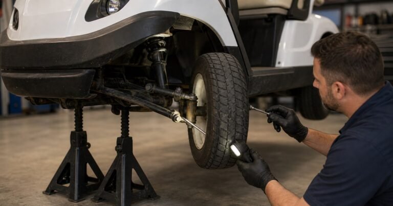 Técnico comprobando rótulas y casquillos del tren delantero de un buggy elevado