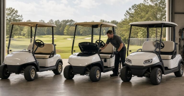 Tres generaciones de buggies comparadas en un taller junto a un técnico